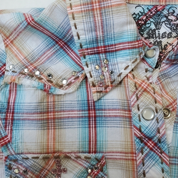 Miss Me Girls Plaid Western Shirt with Bedazzled  Pearl Snap Size L. - Picture 4 of 14